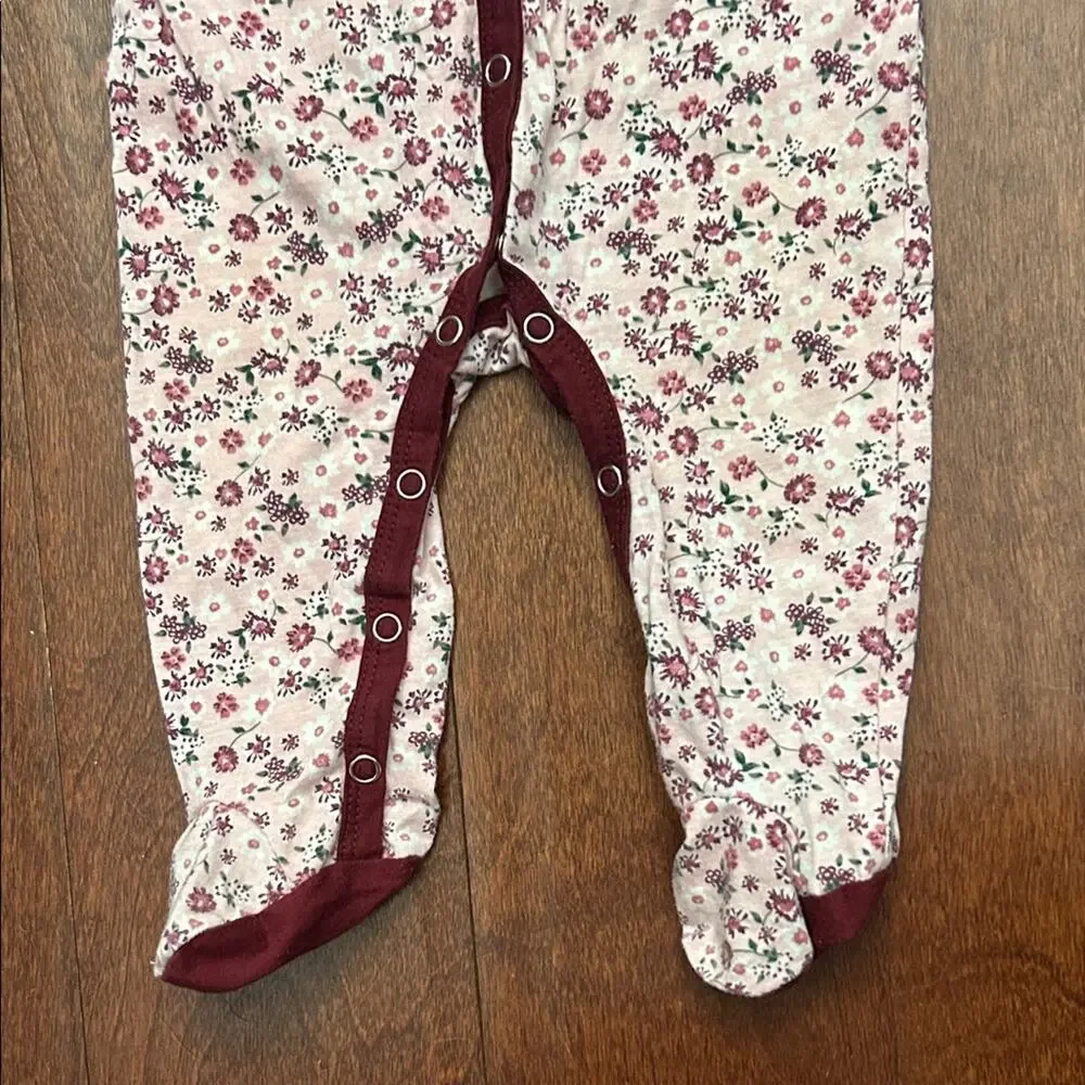 7 For All Mankind Floral Burgundy Kids Footie One Piece, Size 3-6 Months